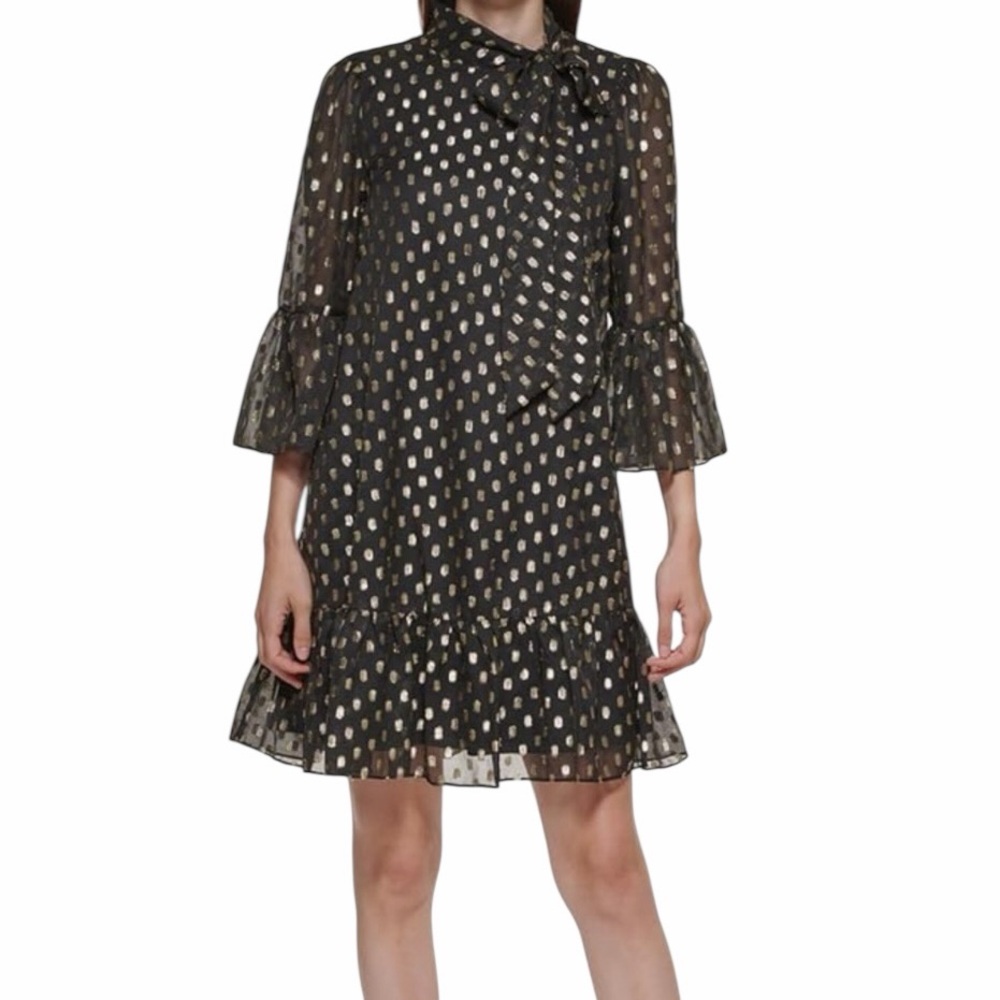 Calvin Klein Black with Metallic Gold Textured Dots Bow Neckline Babydoll Dress